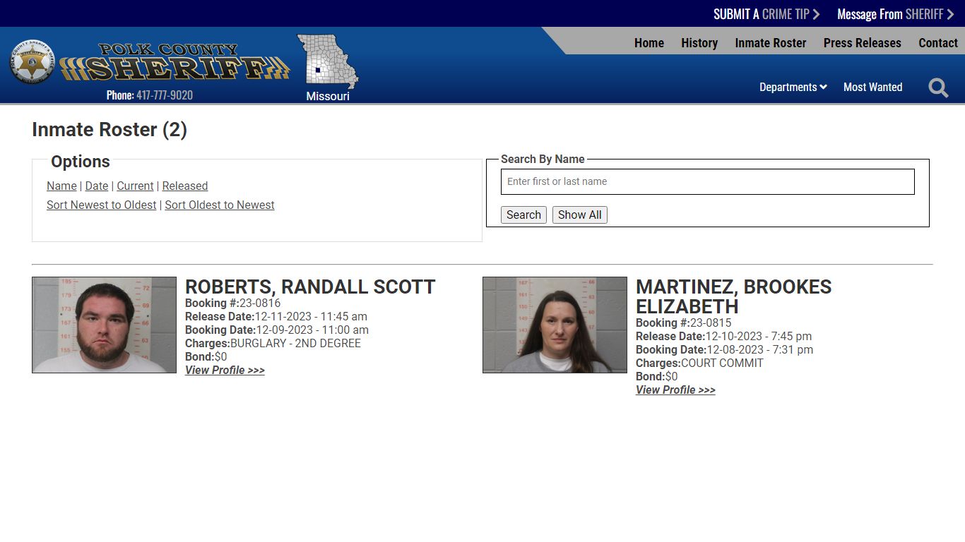 Released Inmates Booking Date Descending - Polk County Sheriff MO